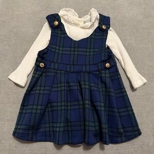 Nicole Miller New York Girls 18M Plaid Jumper Dress Lace Bodice Set Navy EUC